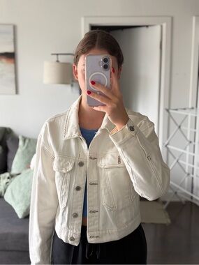Cropped White Denim Jacket - Women's Casual Jean Jacket